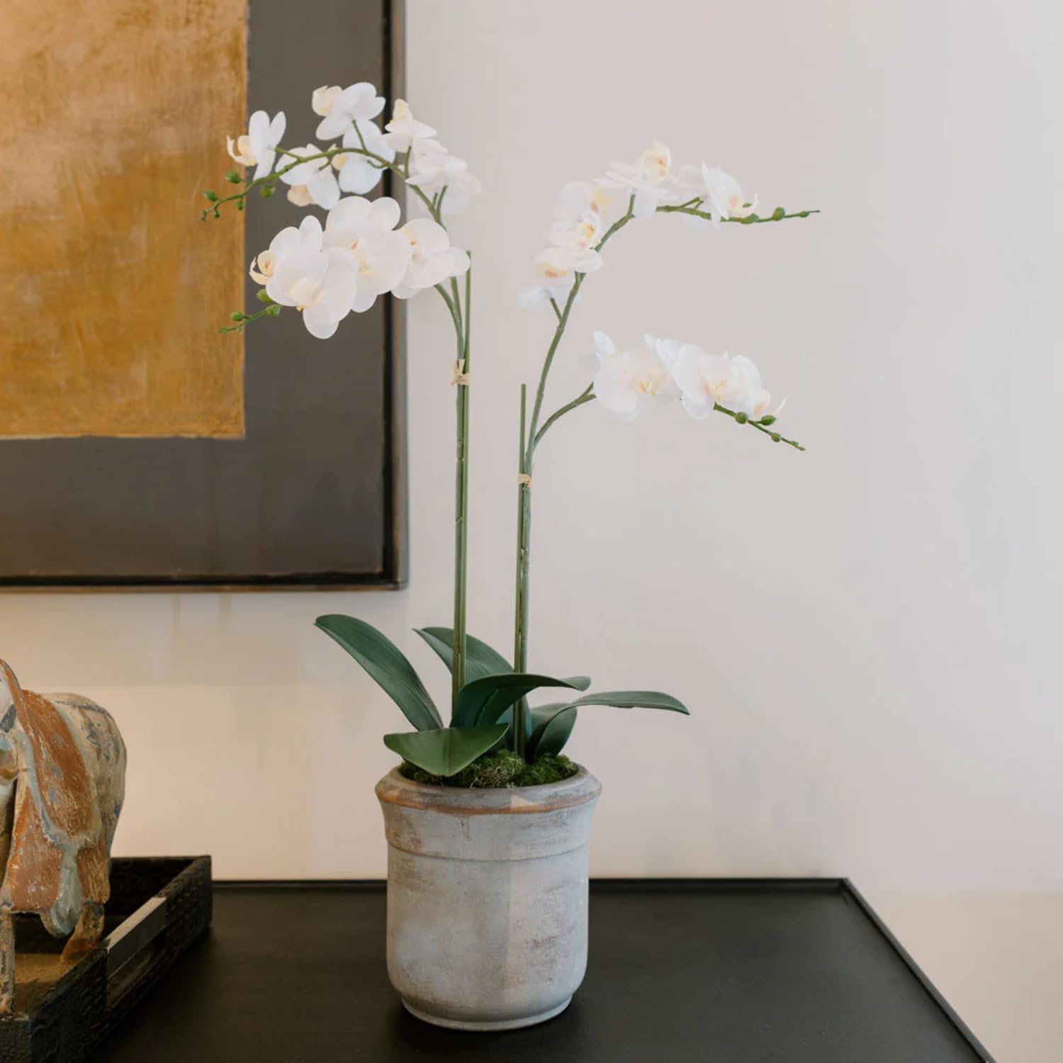 CG Hunter Faux White Orchid Plant, Premium Artificial Indoor Flower Display Stands 25-Inches with Beautiful Sculptural Blooms and Foliage That Lasts Forever, Grey Planter Pot Included