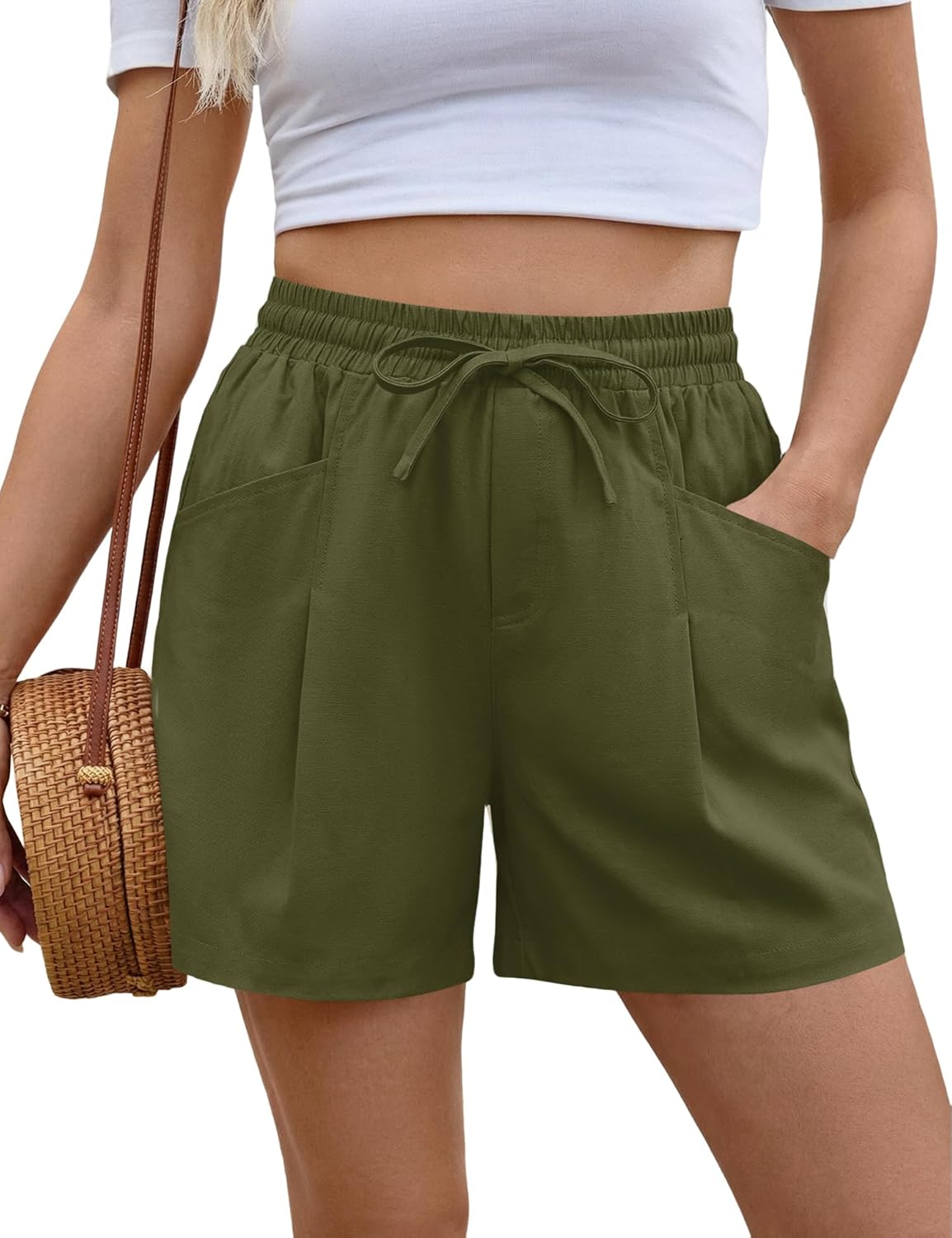 AKEWEI Linen Shorts Women Casual Wide Leg High Waisted Summer Pants Comfy Elastic Waist Drawstring Shorts with Pockets