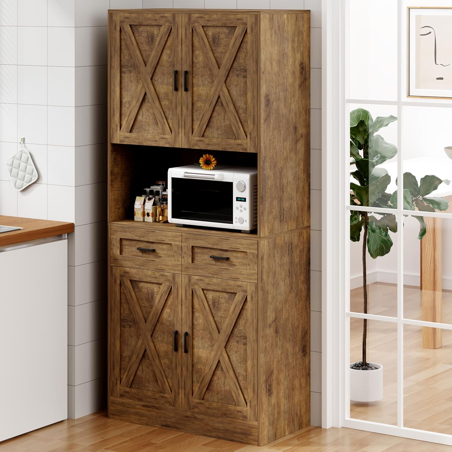 71“ Kitchen Pantry Storage Cabinet, Kitchen Hutch with Microwave Stand and Adjustable Shelves Freestanding Cupboard for Dining Living Room, Brown