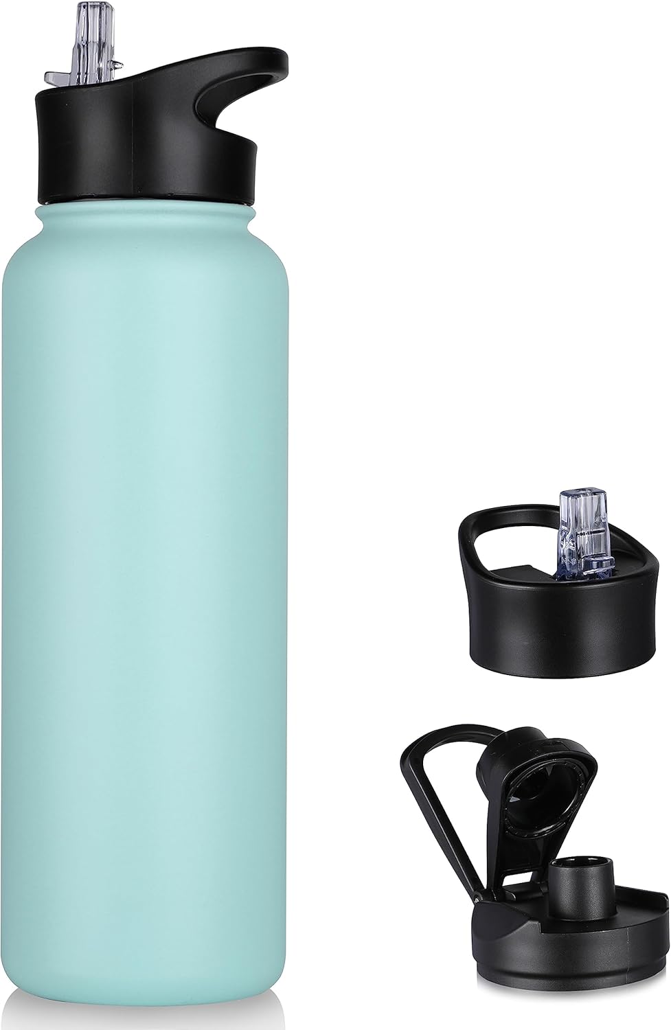 40 oz Insulated Water Bottle with Straw, Stainless Steel Sports Water Bottles with 2 Lids (Straw and Wide Mouth lid), Double Wall Vacuum, Leakproof, BPA-Free, Black