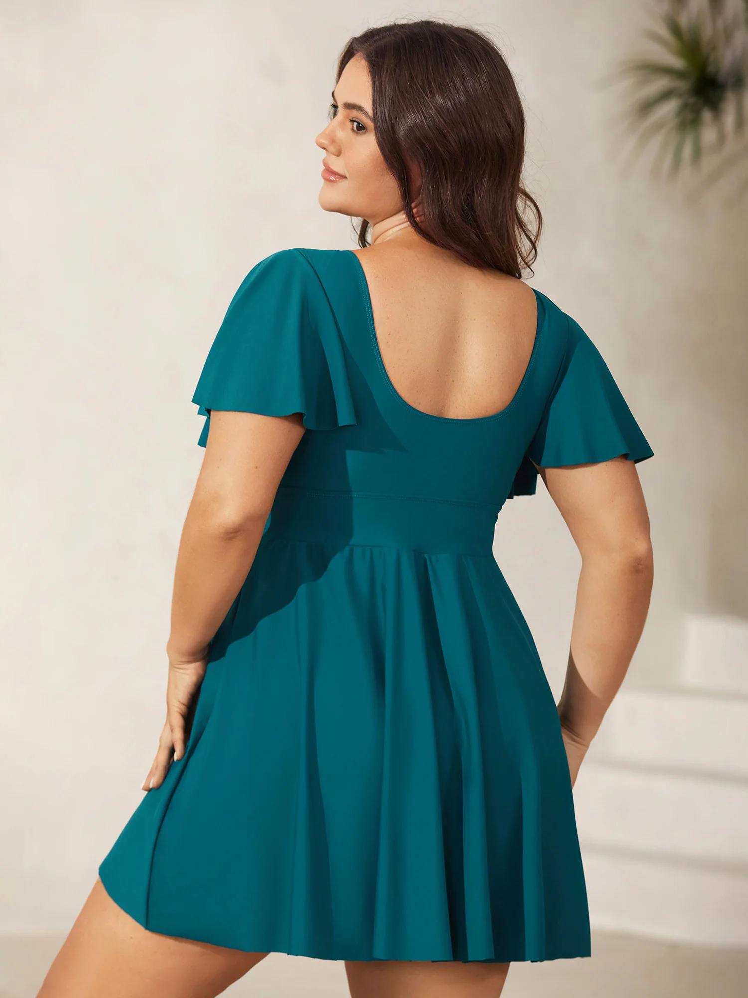 Belted Lotus Leaf Sleeve Swim Dress