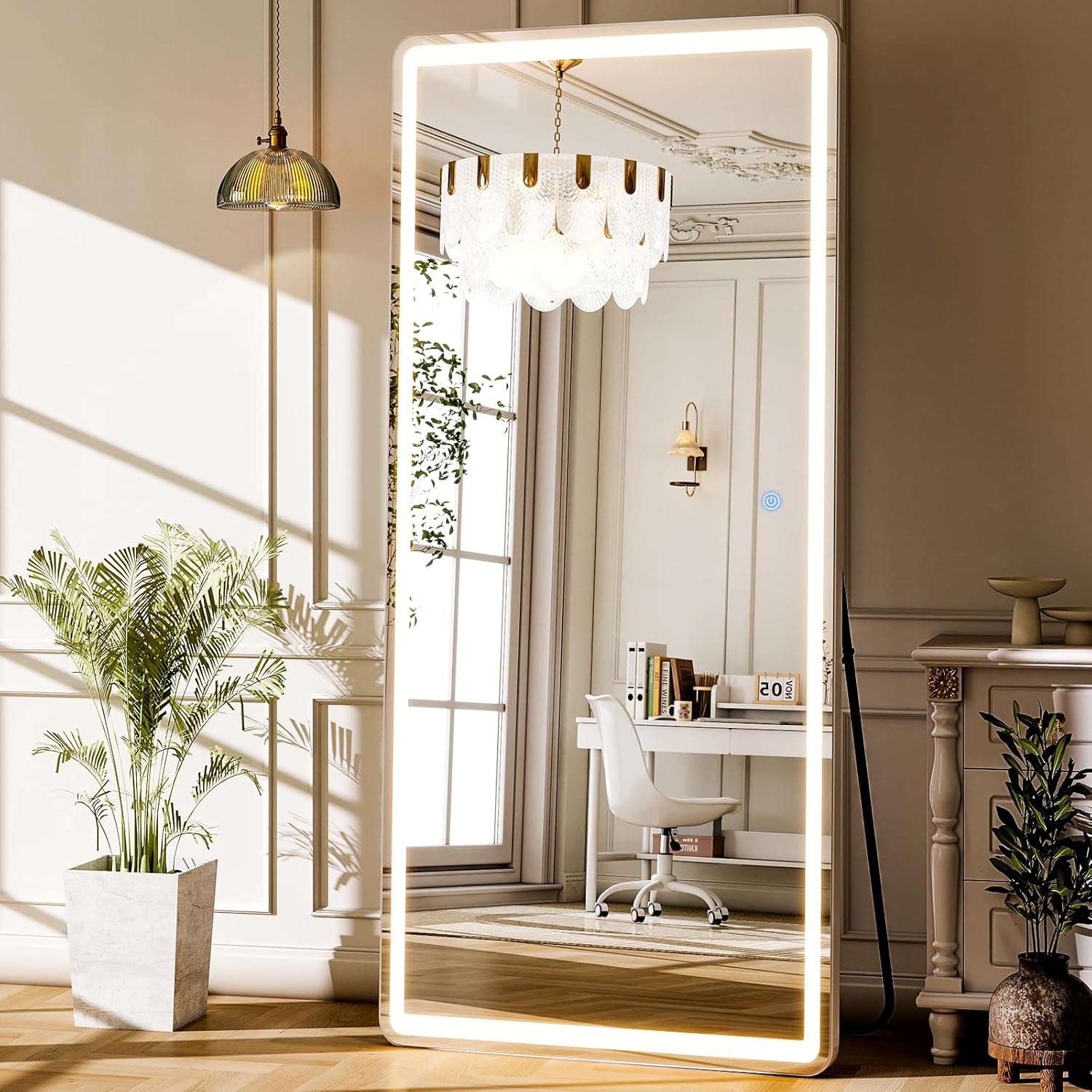 GLSLAND LED Full Length Mirror 71x32 inch Oversized Body Mirrors with Lights Wall Mounted Hanging Floor Standing Mirror for Bedroom, Living Room, Cloakroom, White