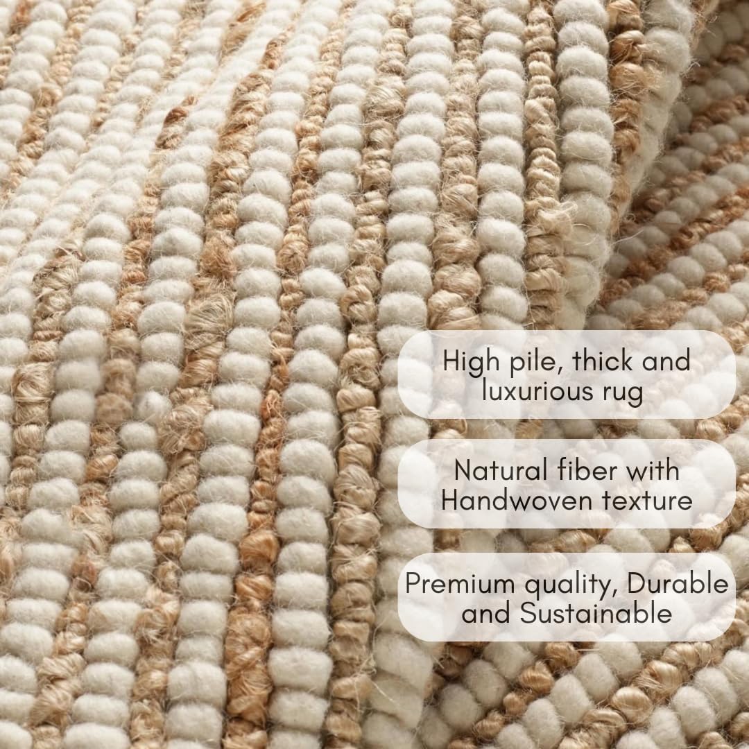 FRELISH DECOR Wool and Jute Premium Handwoven Chunky Stripes Rug - Contemporary Area Rug for Living Room Bedroom (9' x 12' - Natural Ivory)