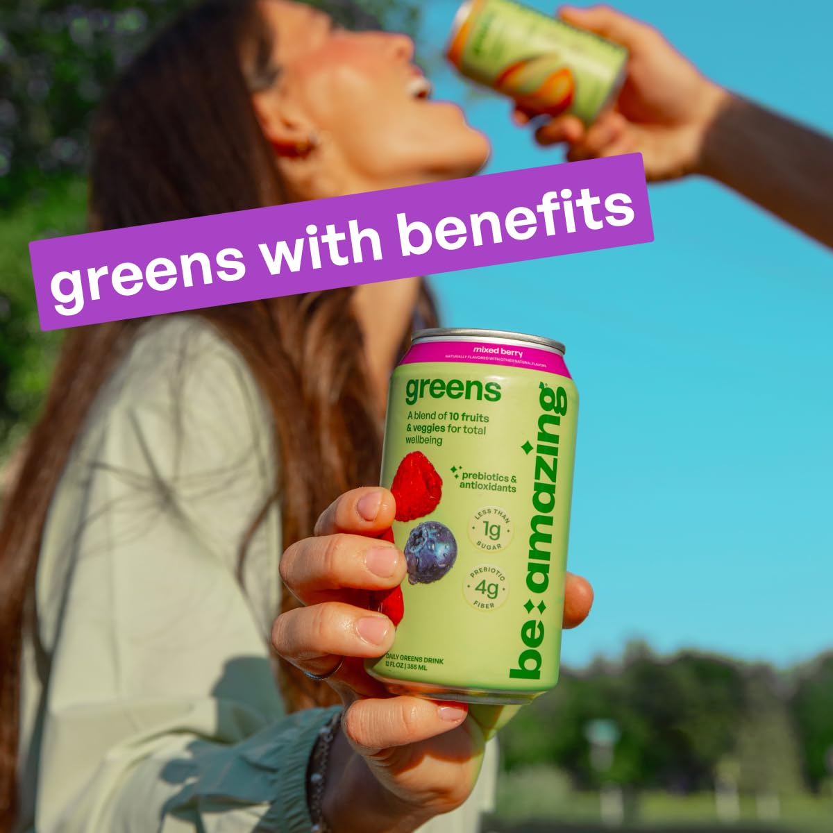 Be Amazing Greens Drink, Mixed Berry, Vitamin Drinks With 10 Organic Fruits and Vegetables, Coconut Water, Vitamin C, and Prebiotic Fiber, 25 Calories, Low Sugar, Vegan and Gluten Free, 8 Pack