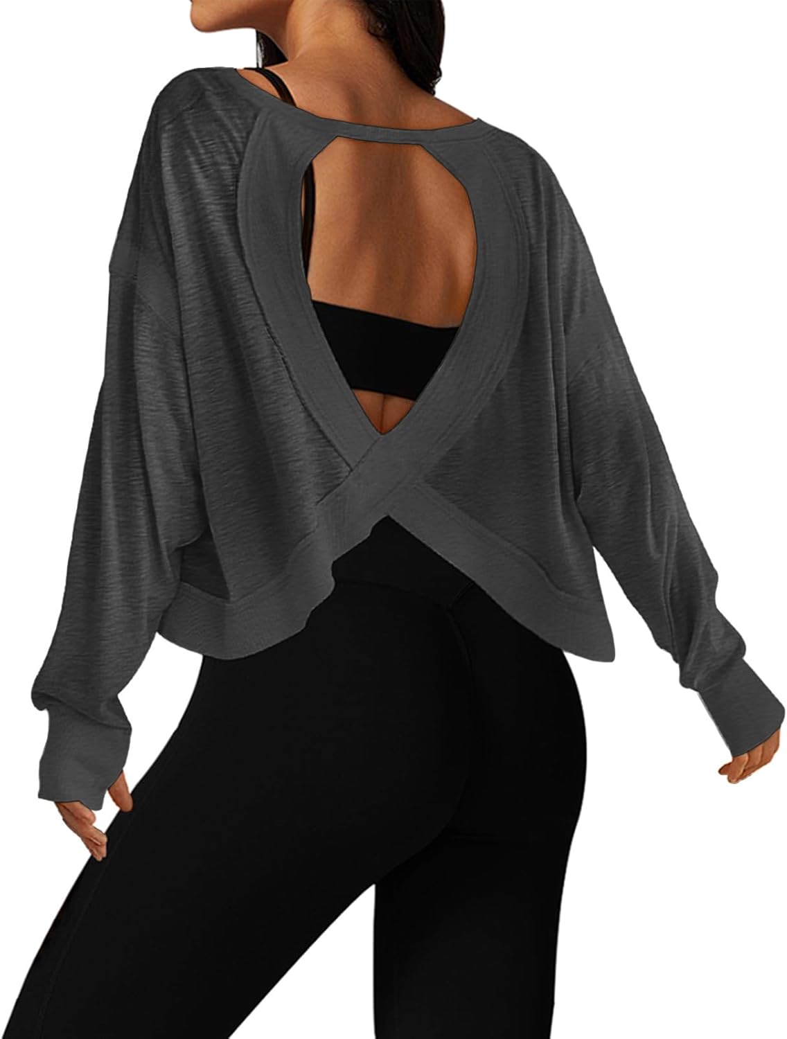UNIANKIYA Open Back Workout Tops for Women Long Sleeve Cropped Athletic Clothes Gym Running Yoga Low Impact Sports T Shirts