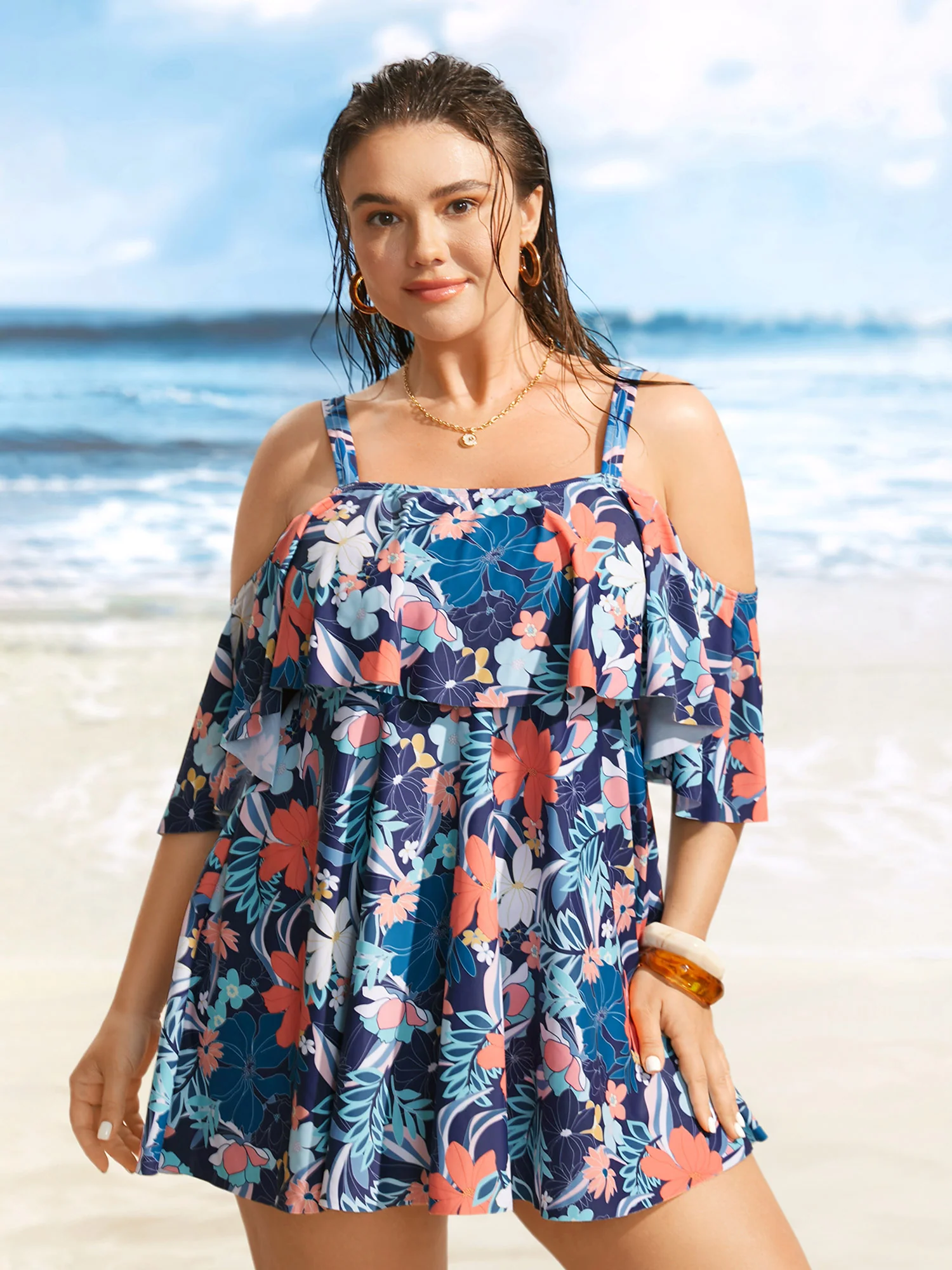 Tropical Adjustable Straps Cold Shoulder Ruffles Trim Swim Dress