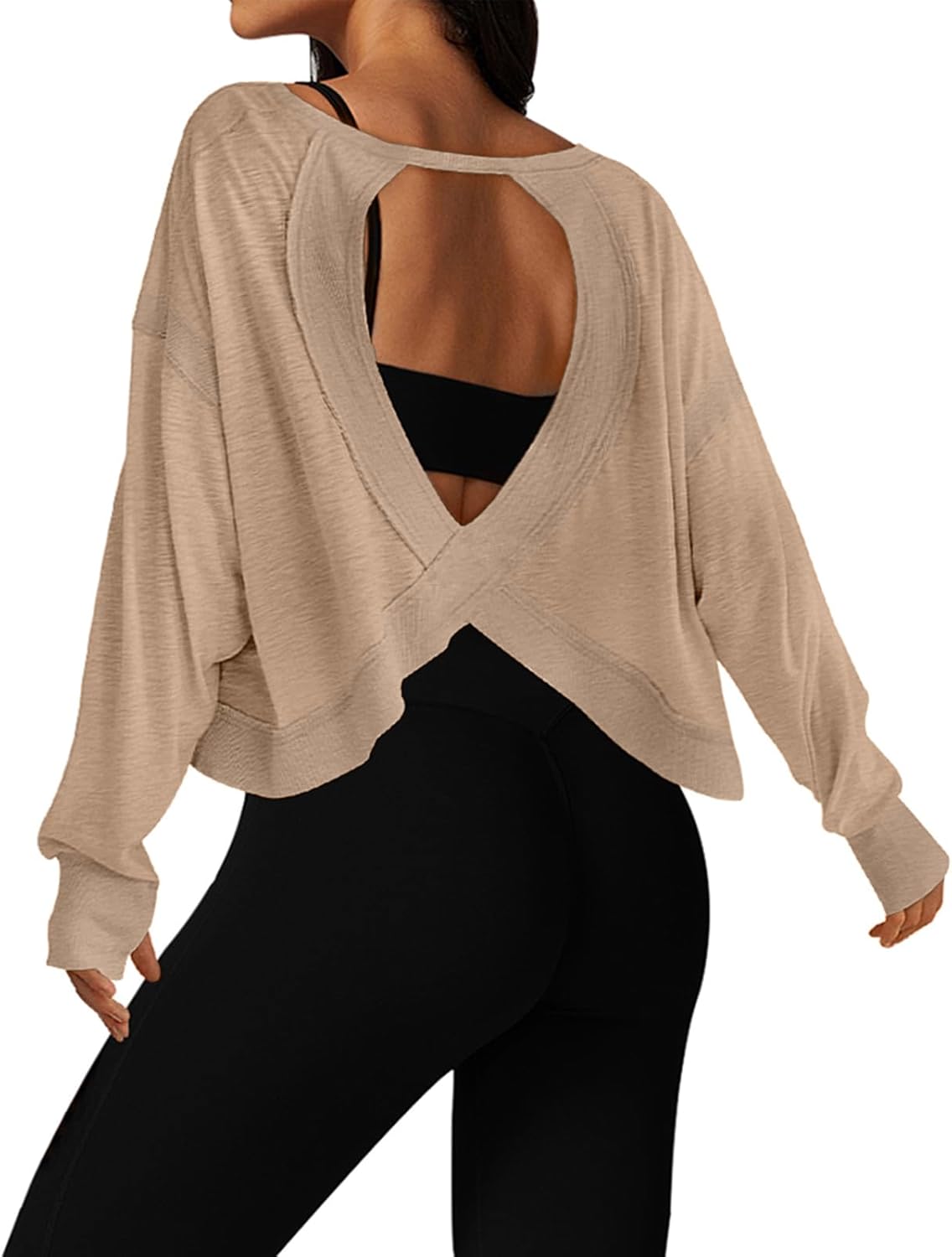 UNIANKIYA Open Back Workout Tops for Women Long Sleeve Cropped Athletic Clothes Gym Running Yoga Low Impact Sports T Shirts