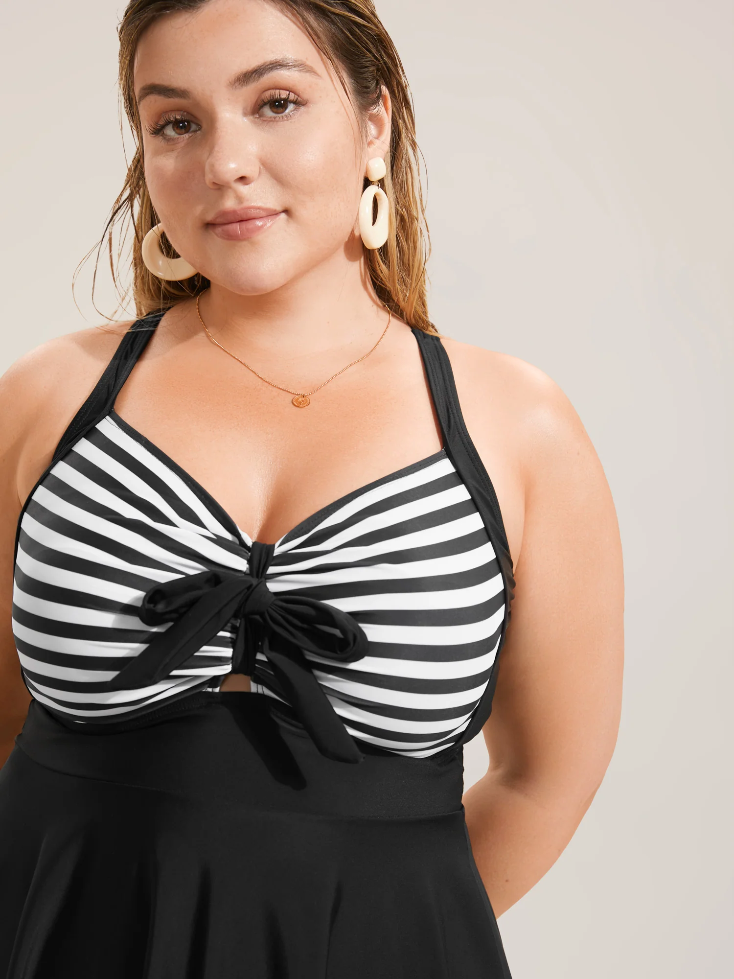 Stripes Patchwork Tie Knot Cross Straps Swim Dress