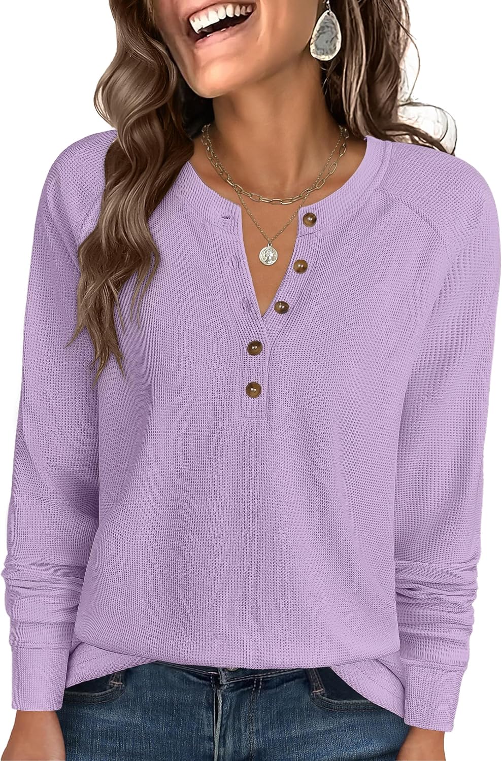 ANRABESS Women's Long Sleeve Waffle Knit Shirts Dressy Casual Loose Button Up V Neck Henley Tops 2026 Fall Basic Tee Blouse