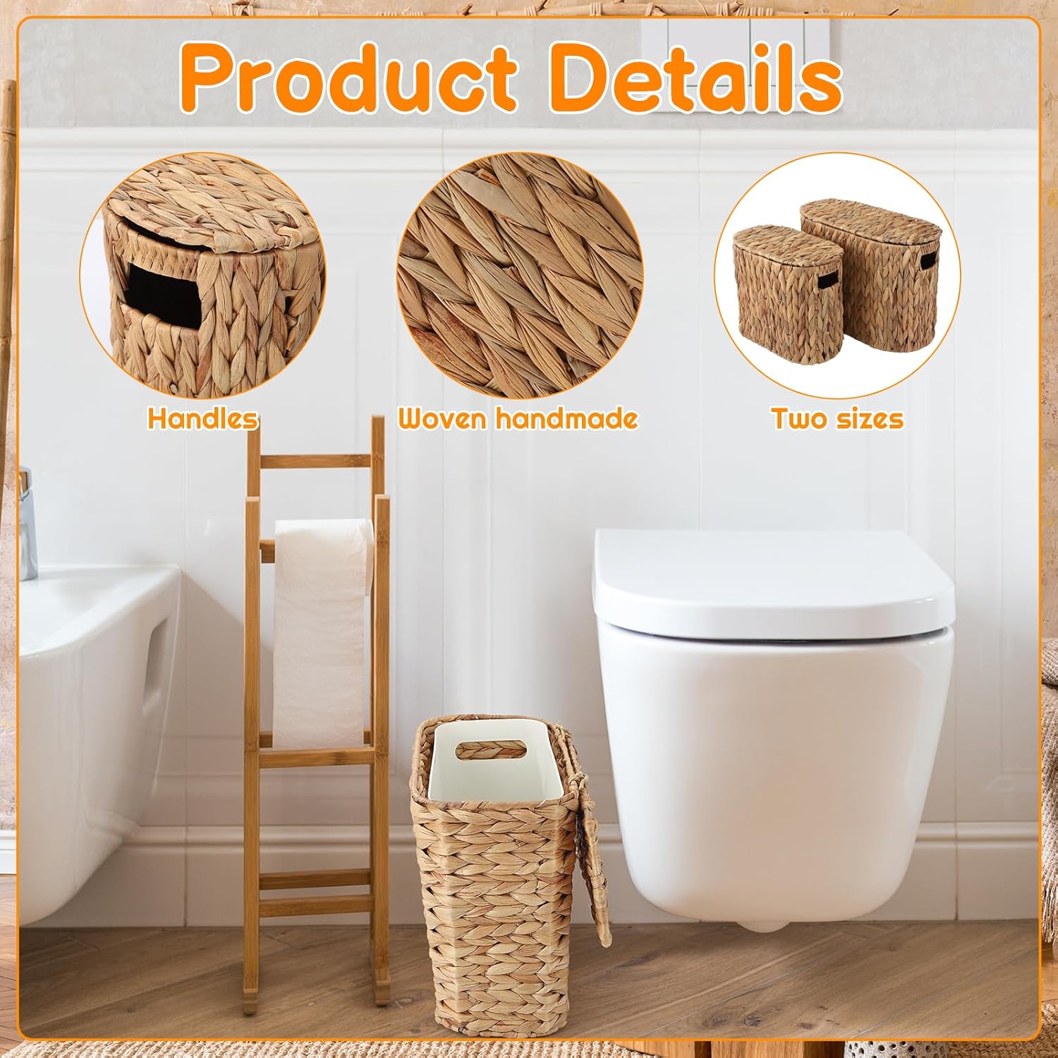 2 Pcs Toilet Paper Storage Baskets with Lids and Built-in Handles Water Hyacinth Toilet Paper Baskets for Bathroom Home Accessories Organizer