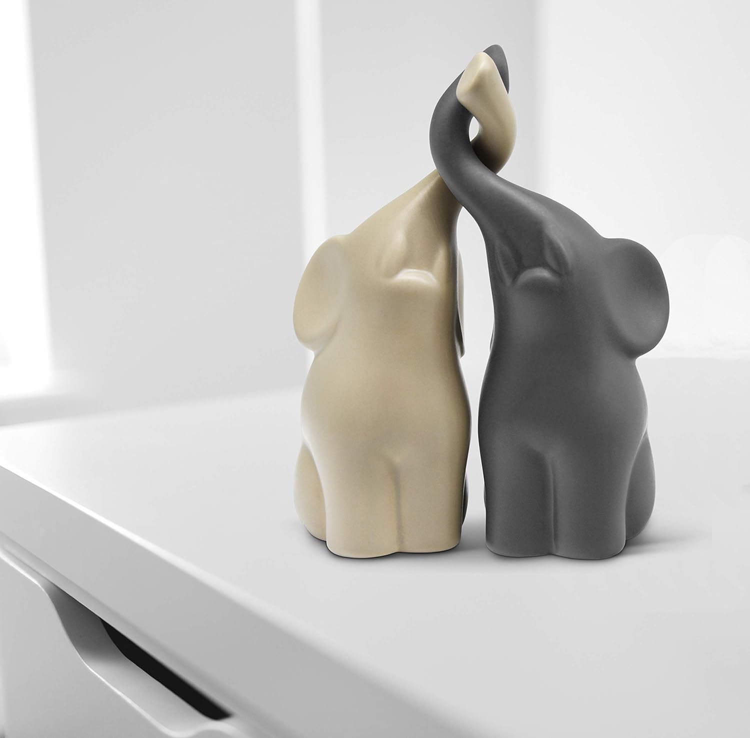 Loving Pair of Elephants in Beige & Grey - Modern Ceramic Sculpture - Figurine as a Set - Decoration Figure 6.3