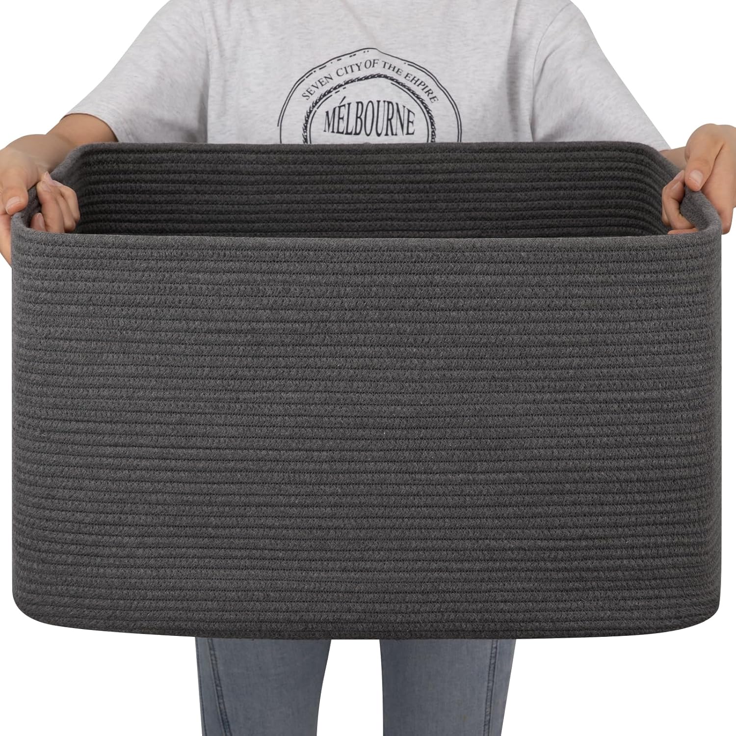 OIAHOMY 75L Large Woven Cotton Rope Storage Basket with Handle for Organizing Blanket and Toys for Living Room, Nursery, Brown Variegated 22”x17”x12”