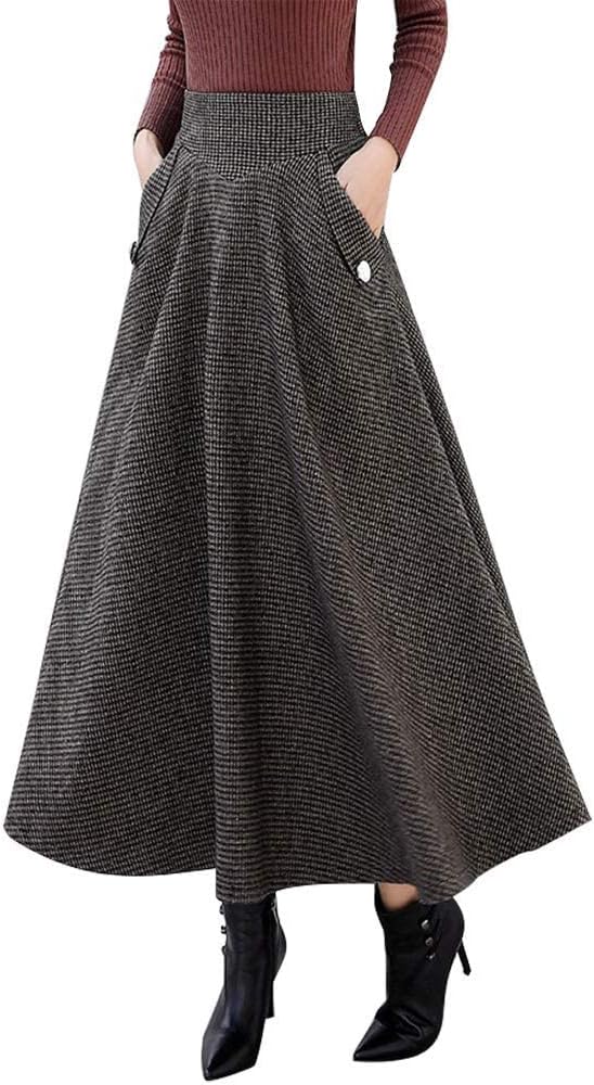 IDEALSANXUN Women’s Fall Winter High Waisted Wool Plaid A-line Long Skirt