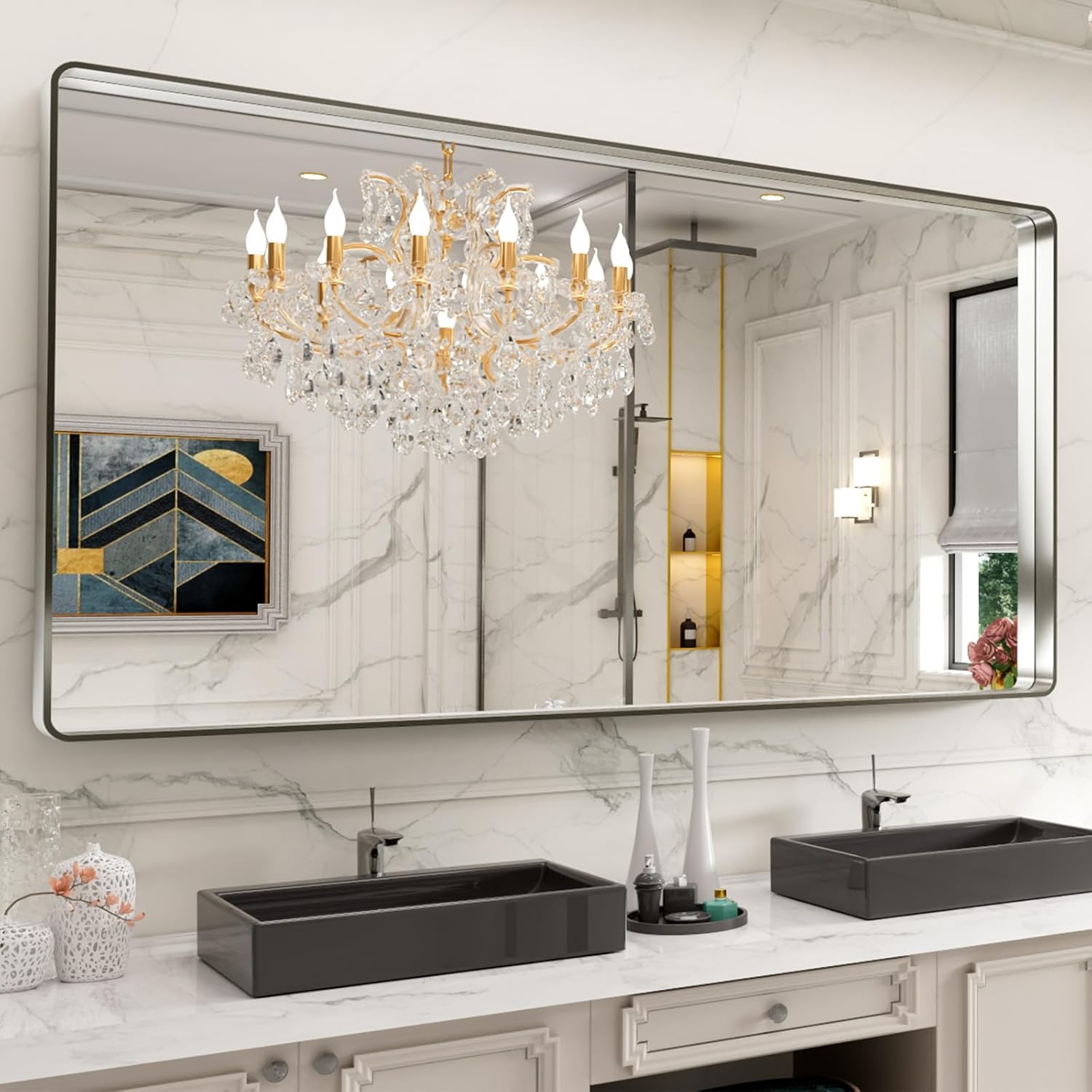 LOAAO 40X36 Inch Black Metal Framed Bathroom Mirror for Wall, Matte Black Bathroom Vanity Mirror Farmhouse, Anti-Rust, Tempered Glass, Hangs Horizontally or Vertically