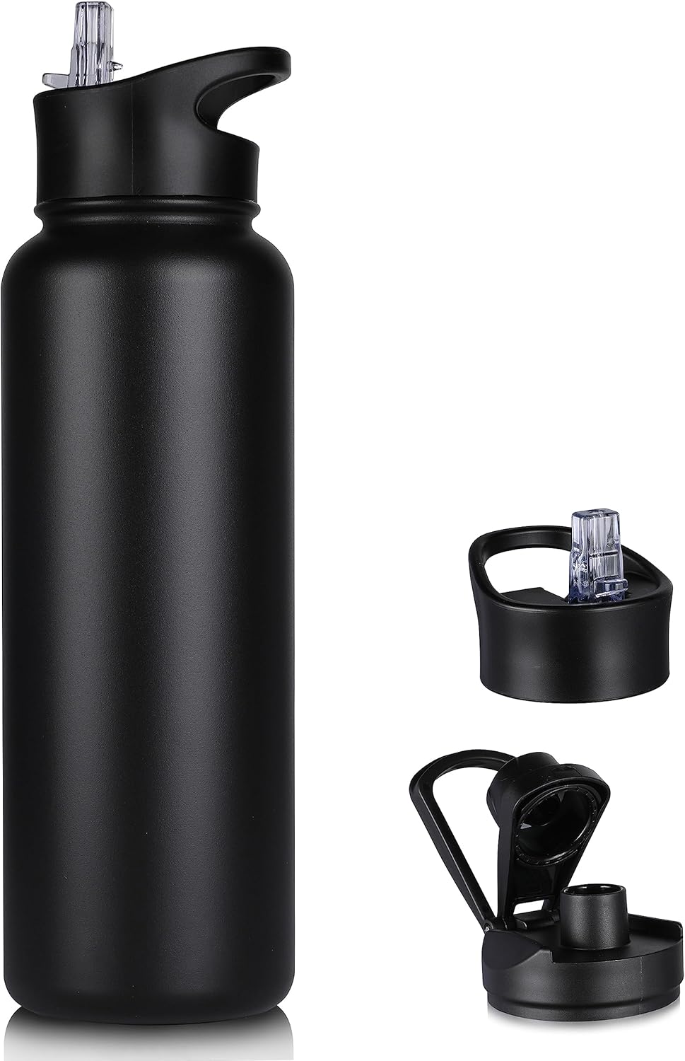 40 oz Insulated Water Bottle with Straw, Stainless Steel Sports Water Bottles with 2 Lids (Straw and Wide Mouth lid), Double Wall Vacuum, Leakproof, BPA-Free, Black