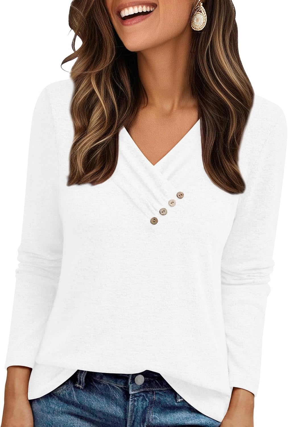 AUTOMET Womens Long Sleeve Tunic Top V Neck Button Shirts 2026 Dressy Casual Business Blouses