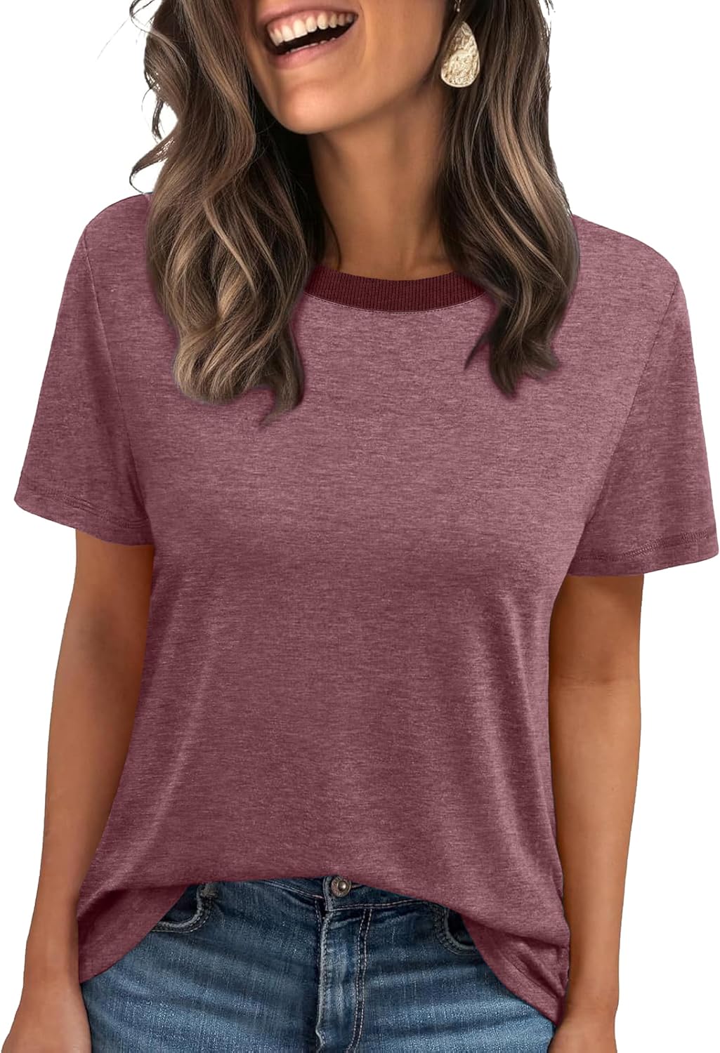 Jescakoo Womens Tops Summer Short Sleeve Ribbed Trim Crewneck T Shirts Fashion Basic Tee