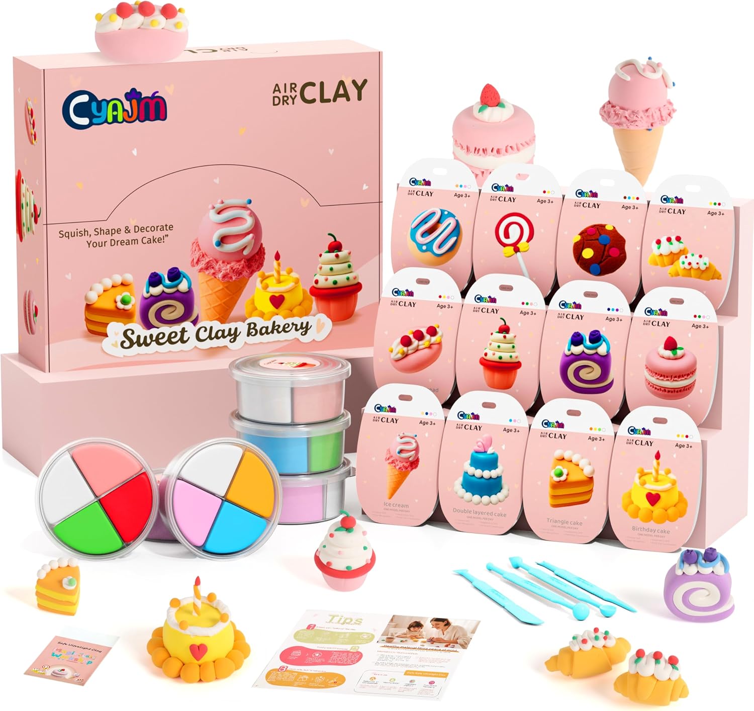 Cake Themed Air Dry Clay Kit for Kids - 12 Boxes Ultra Light Model Magic Clay, Soft DIY Modeling Clay with Sculpting Tools & Tutorials, Arts and Crafts Gift for Girls and Boys
